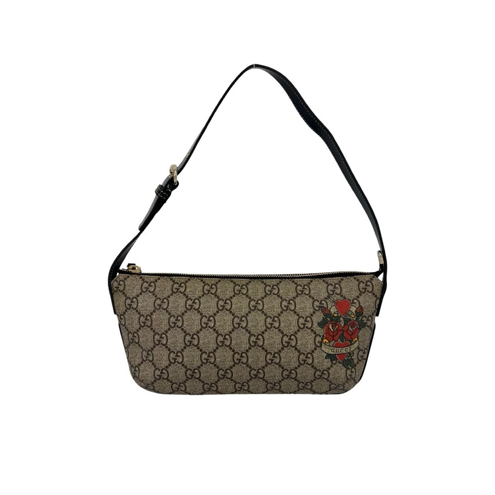 GUCCI GG Supreme pattern logo hardware tattoo heart leather handbag semi-shou...